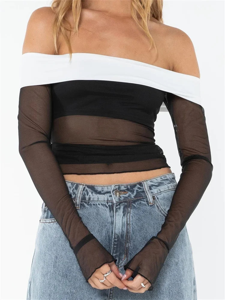 Sexy Summer Slim Fit Top Long Sleeve Slash Neck Off Shoulder Contrast Color Mesh See Through Tees