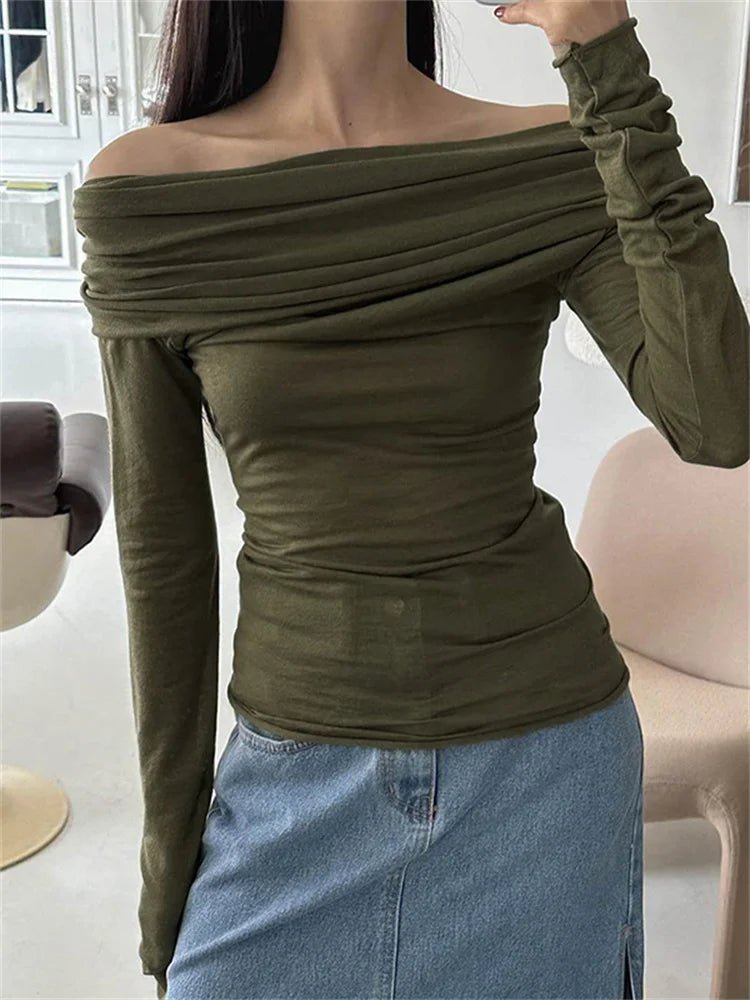 Sexy Long Sleeve Off-shoulder Ruched Solid Slim Fit Shirt Slash Neck Pullovers Clubwear Tee