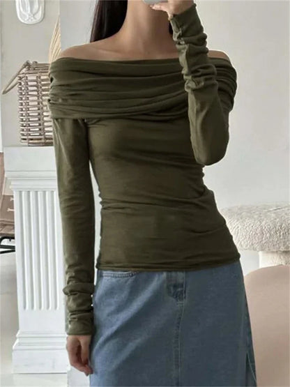 Sexy Long Sleeve Off-shoulder Ruched Solid Slim Fit Shirt Slash Neck Pullovers Clubwear Tee