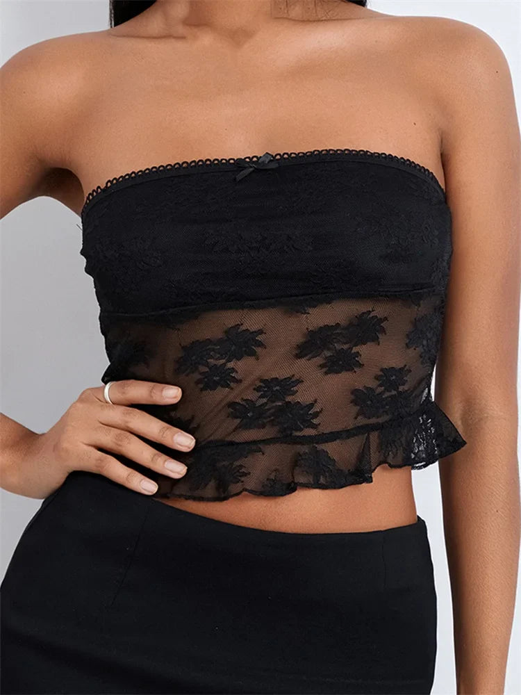 2024 Tube Lace Mesh See-Through Strapless Off Shoulder Tank Backless Floral Summer Party Mini Vest Crop Tops