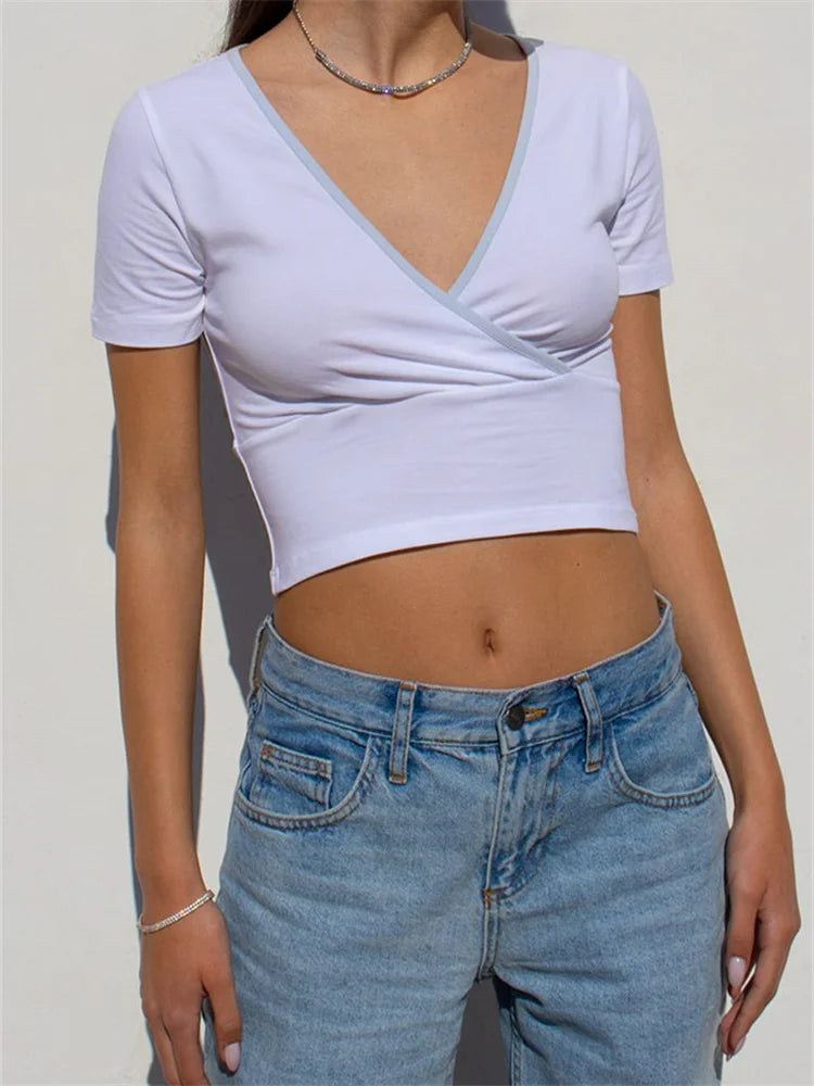 Short Sleeve V-neck Causal Exposed Navel Summer Women Criss-cross Low Cut Slim Fit Contrast Color Tees