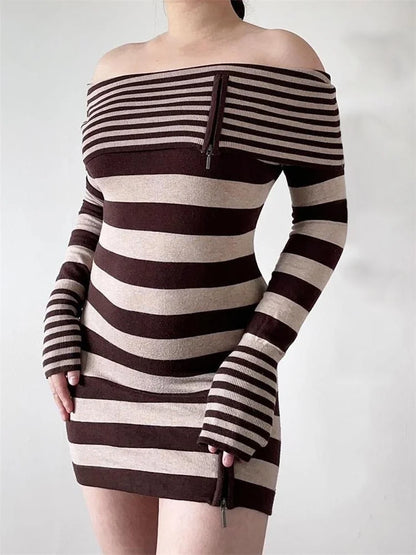 2024 Spring Fall Long Sleeve Off-shoulder Knitted Slim Fit Mini Dress