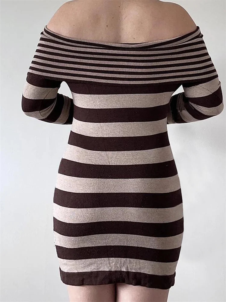 2024 Spring Fall Long Sleeve Off-shoulder Knitted Slim Fit Mini Dress