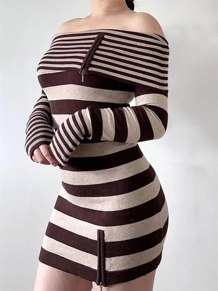 2024 Spring Fall Long Sleeve Off-shoulder Knitted Slim Fit Mini Dress