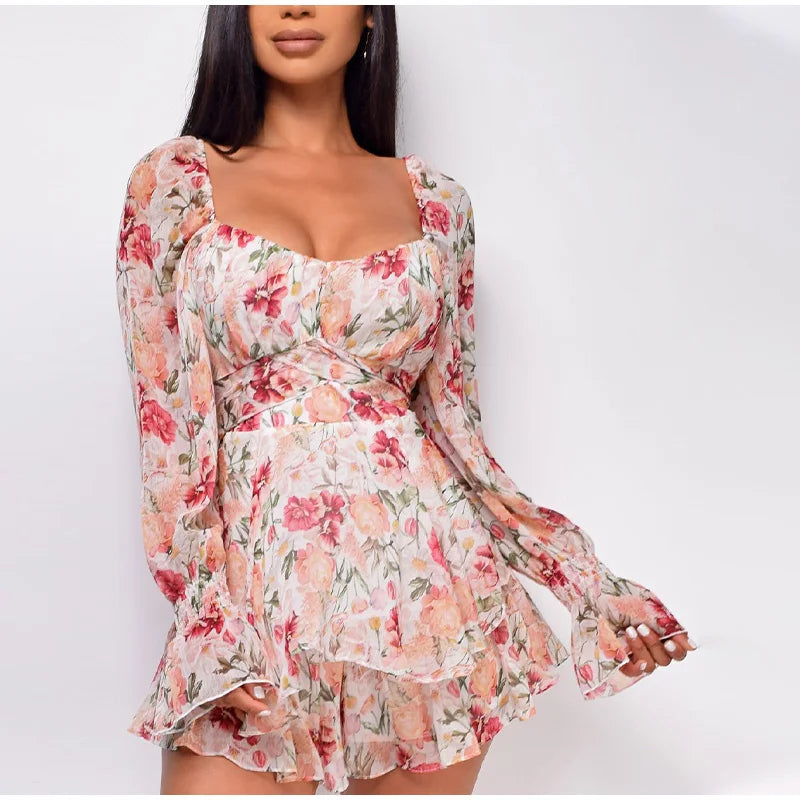 2024 Square Collar Lace Up Floral Mini Dress