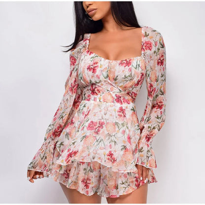 2024 Square Collar Lace Up Floral Mini Dress