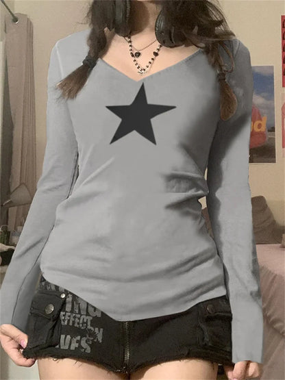 2024 V-neck Harajuku Grunge Basic Pullovers Top Y2K Retro Star Print Vintage Fairycore Long Sleeves Tees