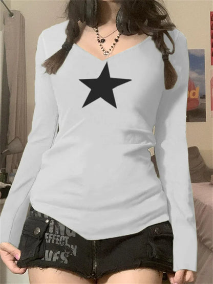 2024 V-neck Harajuku Grunge Basic Pullovers Top Y2K Retro Star Print Vintage Fairycore Long Sleeves Tees