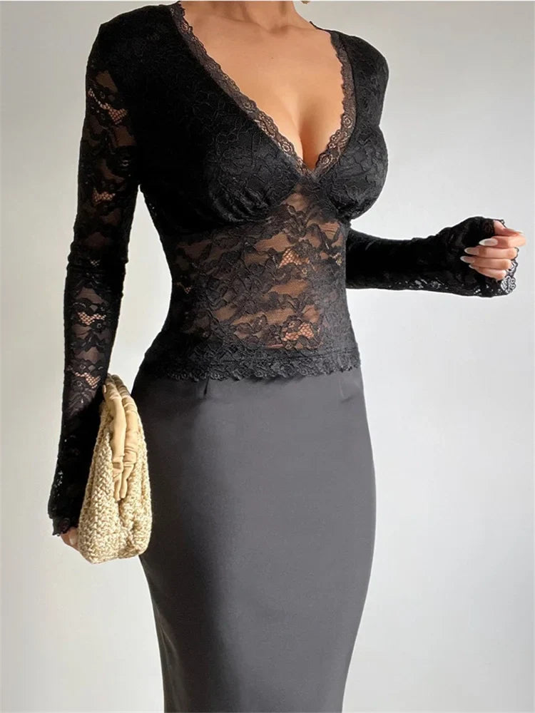 2024 Vintage Lace Mesh See Through Long Sleeve Deep V-neck Slim Fit Party Clubwear Black Tee