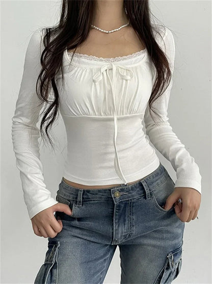 2024 Vintage Spring Fall Square Neck Ruched Basic Fashion White Long Sleeve Lace Trim Tie Up Tee