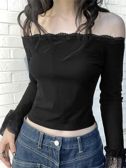 2024 Vintage Summer Fashion Lace Trim Long Flared Sleeve Off Shoulder Slash Neck Black Tee