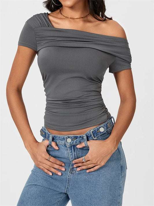 Asymmetrical Neck Solid Color Off Shoulder Short Sleeve Ruched Casual Streetwear Tee