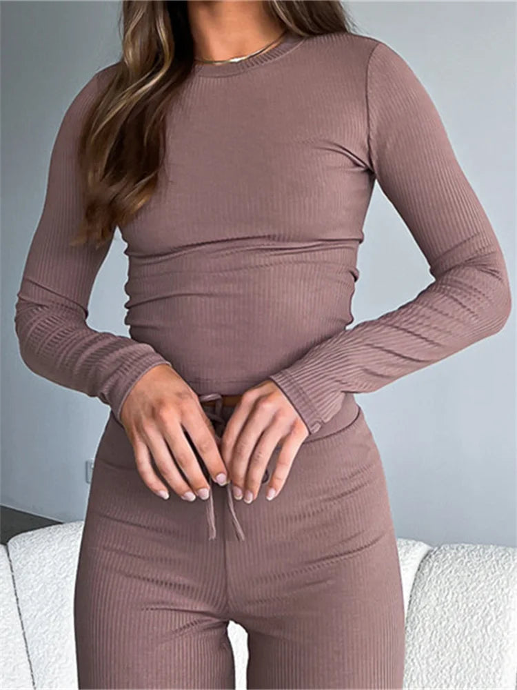 Autumn Spring Long Sleeve Ribbed Casual Solid Round Neck Pullovers Female Basic Tee