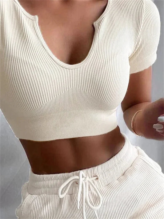 Casual Short Sleeve Ribbed Summer Solid V-neck Slim Fit Pullovers Female Streetwear Basic Tee