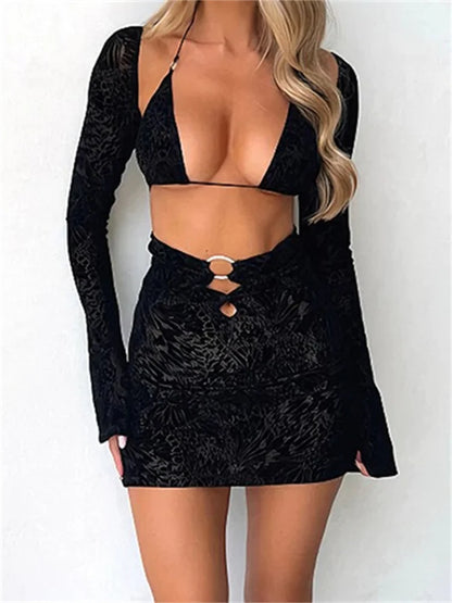 Deep V-neck Bodycon Fashion Floral Print Long Sleeve Mini Dress