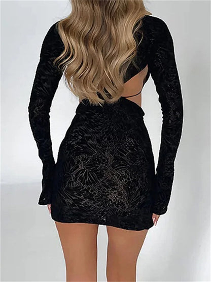 Deep V-neck Bodycon Fashion Floral Print Long Sleeve Mini Dress