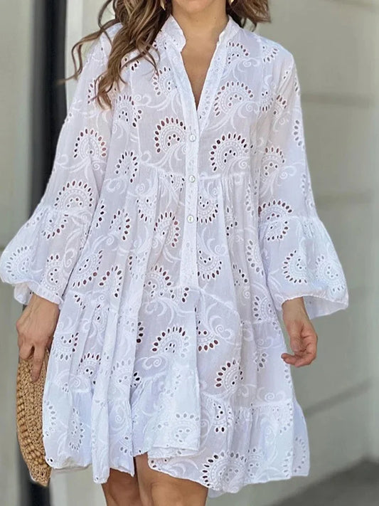 Embroidery Lace Hollow Out Long Sleeve Mini Dress