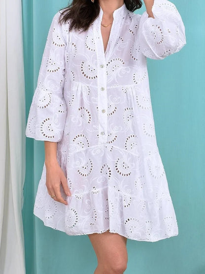 Embroidery Lace Hollow Out Long Sleeve Mini Dress