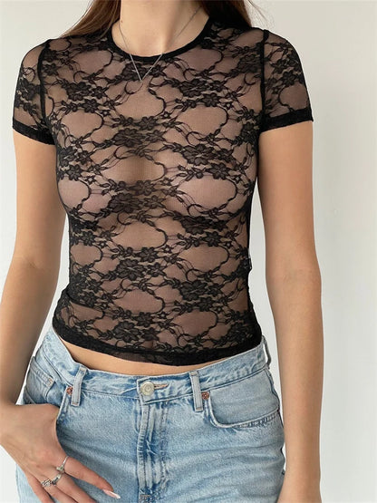 Fairy Grunge Lace Top Sexy Mesh See Through O-Neck Short Sleeve Summer Party Club Streetwear Tee