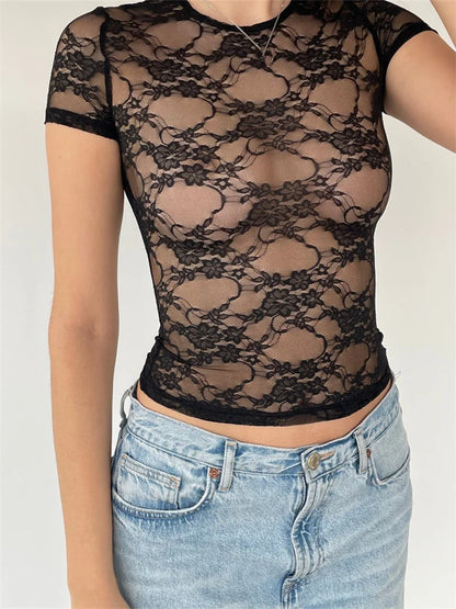 Fairy Grunge Lace Top Sexy Mesh See Through O-Neck Short Sleeve Summer Party Club Streetwear Tee