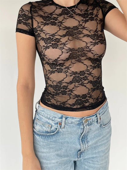 Fairy Grunge Lace Top Sexy Mesh See Through O-Neck Short Sleeve Summer Party Club Streetwear Tee