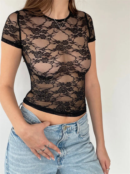 Fairy Grunge Lace Top Sexy Mesh See Through O-Neck Short Sleeve Summer Party Club Streetwear Tee