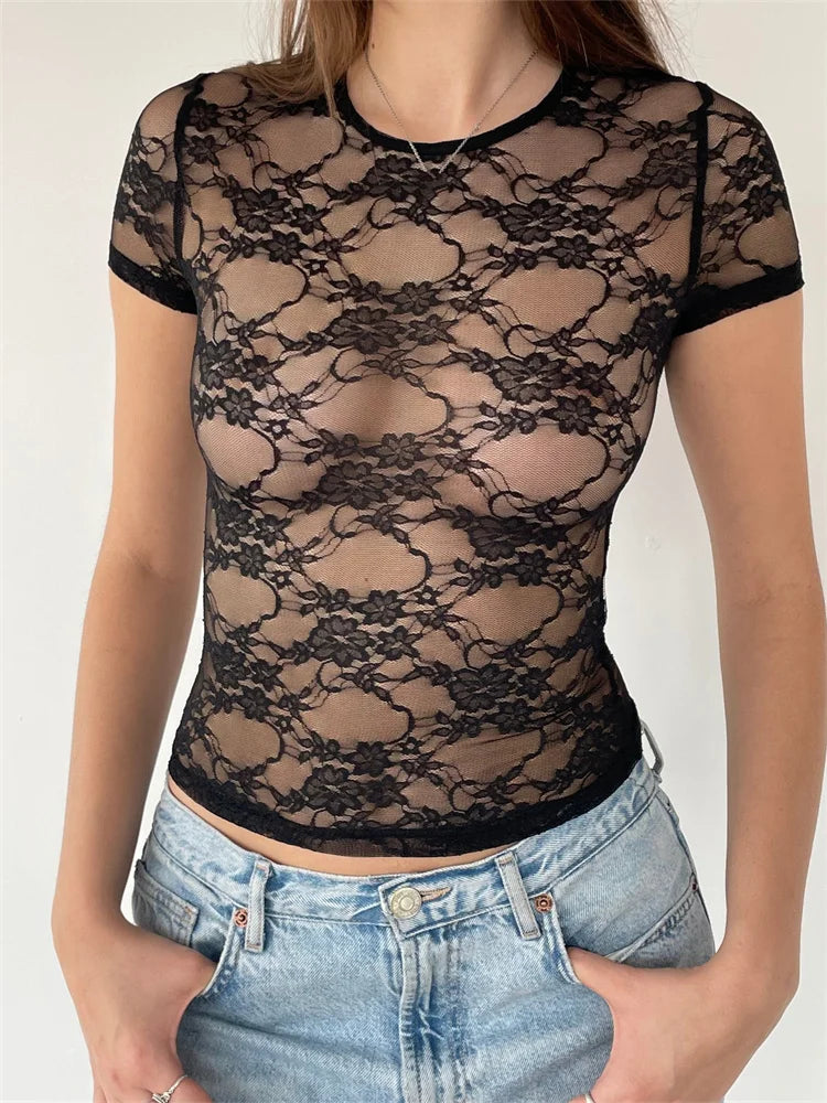 Fairy Grunge Lace Top Sexy Mesh See Through O-Neck Short Sleeve Summer Party Club Streetwear Tee