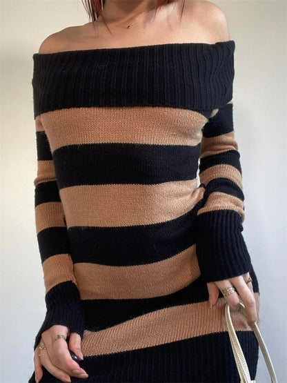 Fall Winter Striped Long Sleeve Slash Neck Off Shoulder Mini Dress