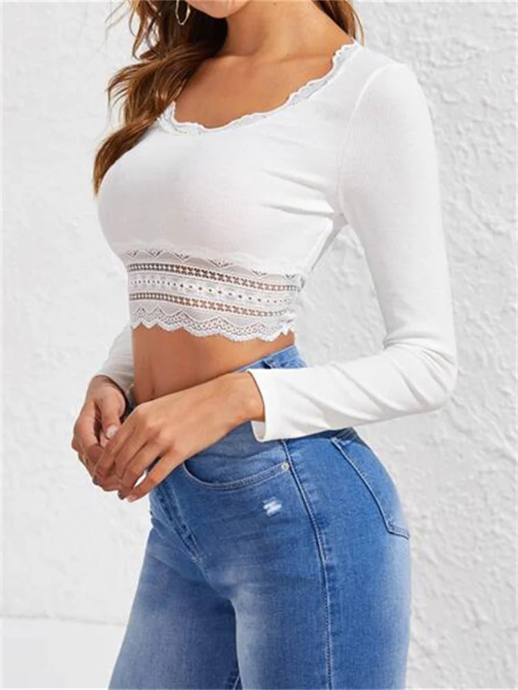 Fashion Going Out Long Sleeve Low Cut Round Neck Lace Patchwork Slim Fit Cropped Tee