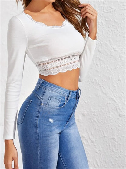 Fashion Going Out Long Sleeve Low Cut Round Neck Lace Patchwork Slim Fit Cropped Tee