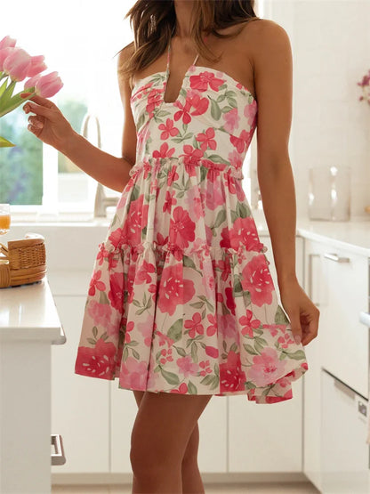 Floral Print Sleeveless Sling Summer Halter Backless Mini Dress