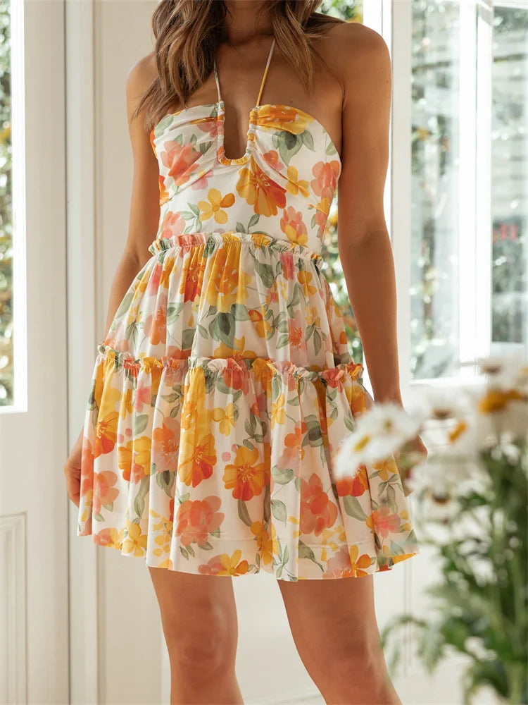 Floral Print Sleeveless Sling Summer Halter Backless Mini Dress