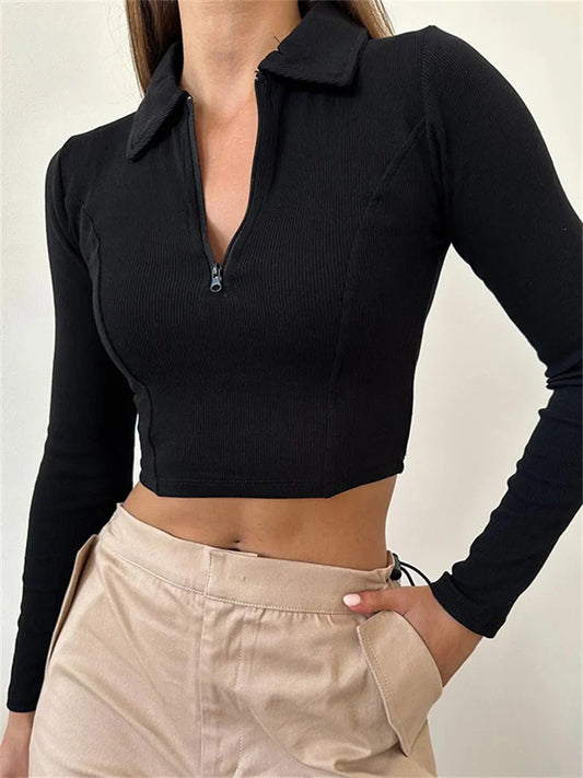 Half Zip Up Cropped Solid Color Ribbed Lapel Long Sleeve Casual Exposed Navel Slim Fit Tee