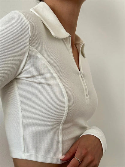 Half Zip Up Cropped Solid Color Ribbed Lapel Long Sleeve Casual Exposed Navel Slim Fit Tee