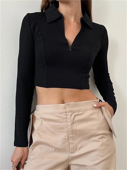 Half Zip Up Cropped Solid Color Ribbed Lapel Long Sleeve Casual Exposed Navel Slim Fit Tee