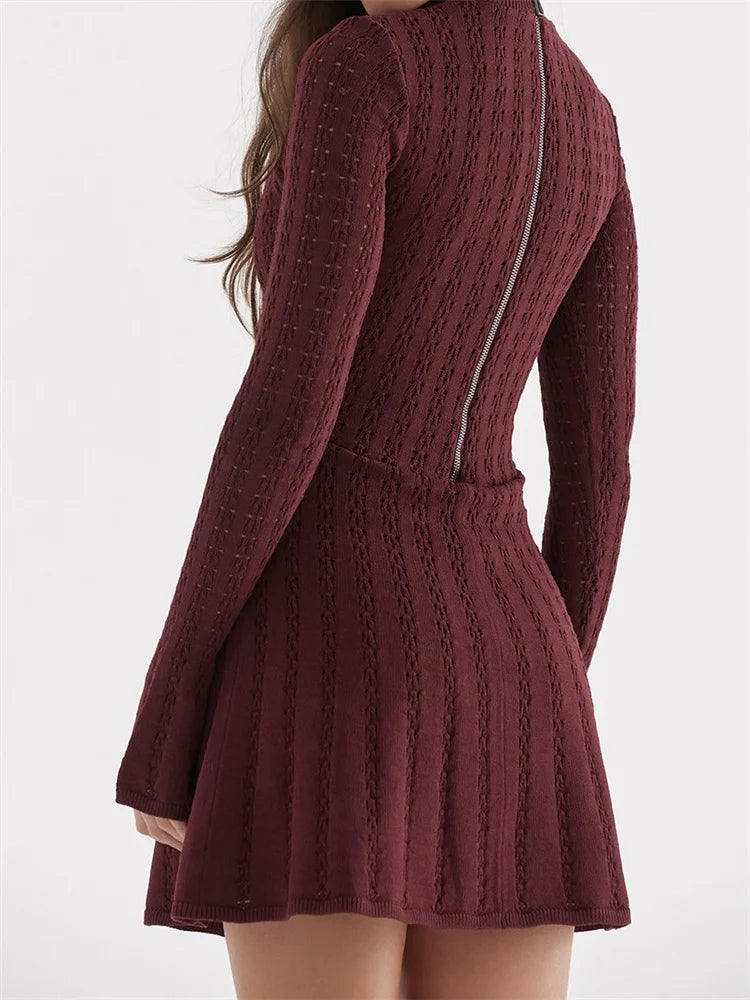 Knitted Ribbed Long Flare Sleeve Turtleneck Mini Dress