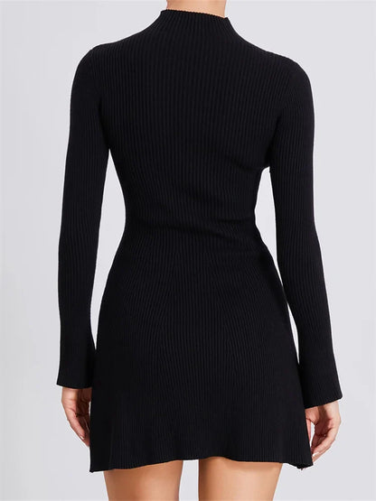 Knitted Ribbed Long Sleeve High Neck Slim Fit Mini Dress