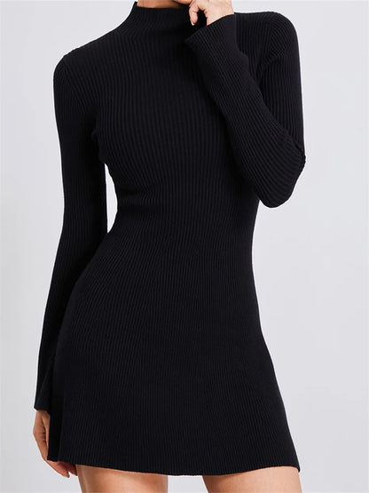 Knitted Ribbed Long Sleeve High Neck Slim Fit Mini Dress