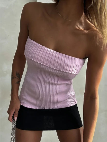 2024 Knitted Ribbed Solid Summer Casual Sleeveless Backless Off Shoulder Vests Club Streetwear Crop Tops