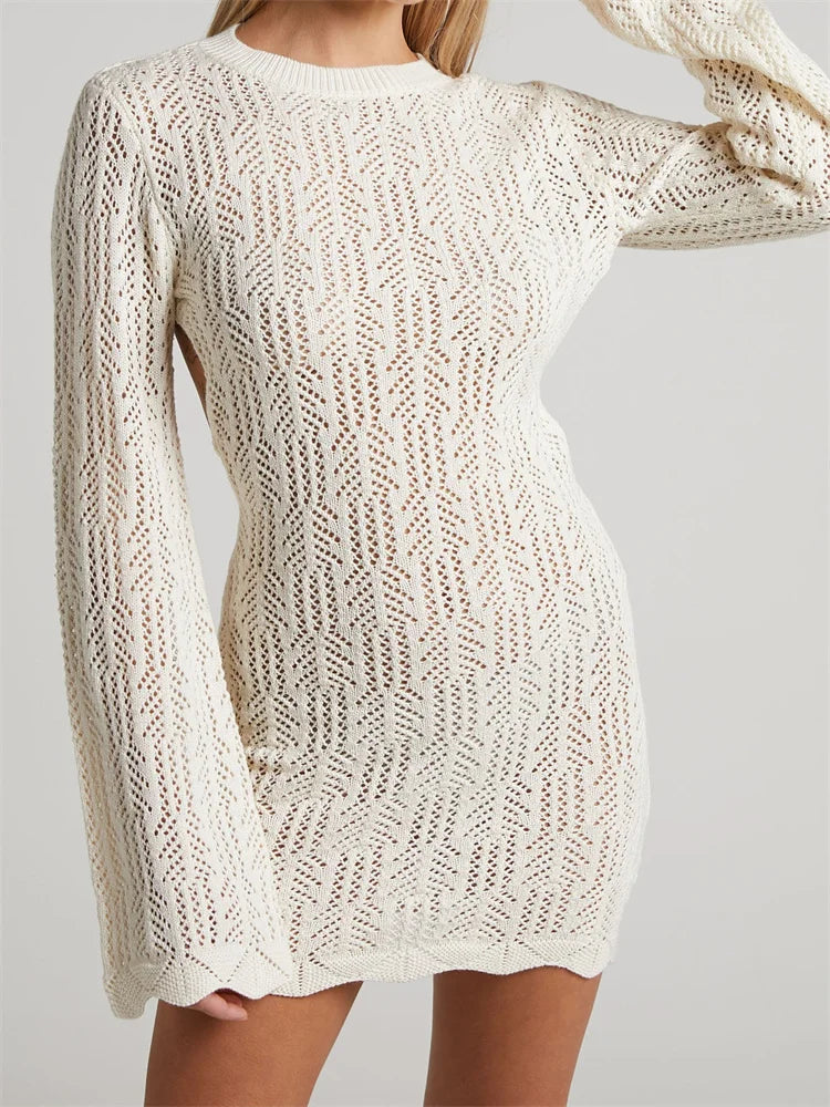 Knitted Long Sleeve Backless Tie-up Solid Mini Dress