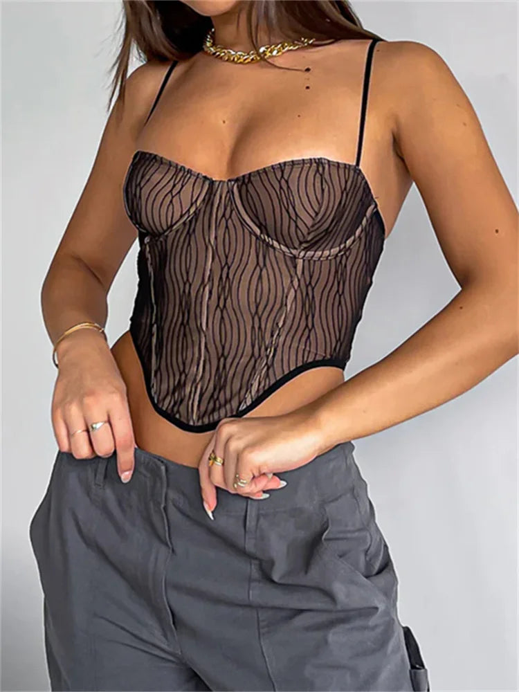 2024 Lace Corsets Tank Sexy V-neck Sleeveless See Through Mesh Camis Bustiers Y2K Female Striped Mini Vest Crop Tops