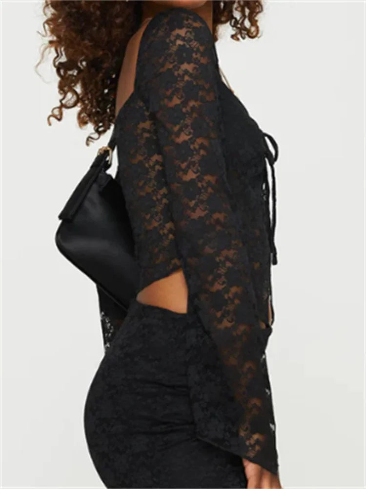 Lace Floral Long Flare Sleeve Tie-up Front Split Solid Slim Fit Mesh See-Through Tee