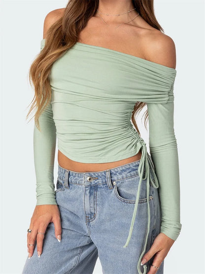 Long Sleeve Side Drawstring Off-Shoulder Casual Pullovers Clubwear Aesthetic Basic Tee