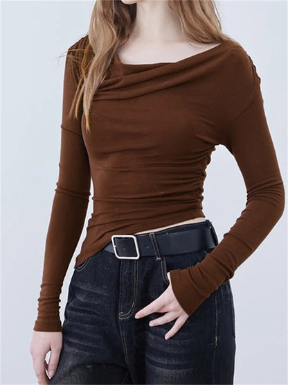 Long Sleeve Solid Irregular Neck Off Shoulder Ruched Spring Fall Slim Fit Casual Streetwear Tee