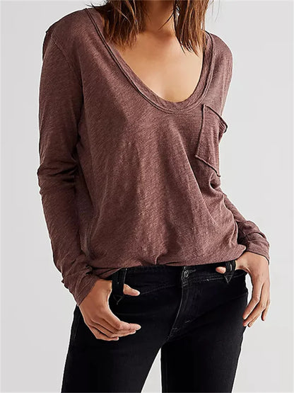 Loose Causal Deep V Neck Long Sleeve Summer Autumn Solid Color Basic with Pocket Streetwear Tee