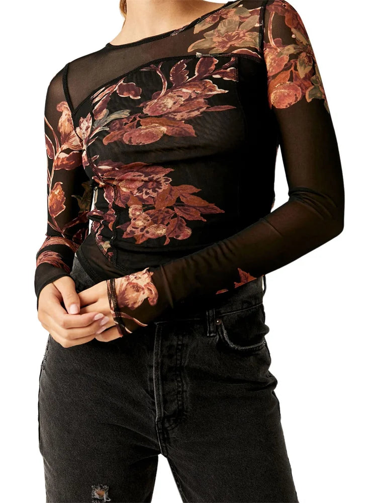 Mesh See Through Slim Fit Floral Print Long Sleeve O-Neck for Spring Summer Streetwear Tee