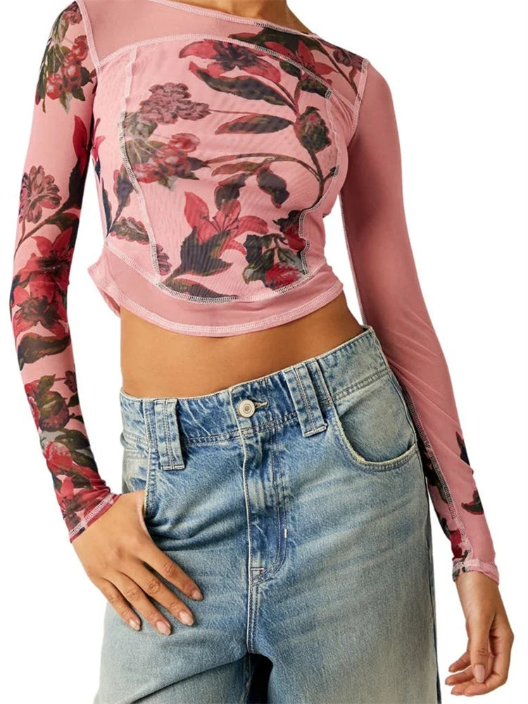 Mesh See Through Slim Fit Floral Print Long Sleeve O-Neck for Spring Summer Streetwear Tee