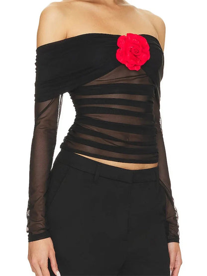 Off Shoulder Y2K 3D Floral Long Sleeve Sexy Mesh See Through Slim Fit Going Out Ruched Tee