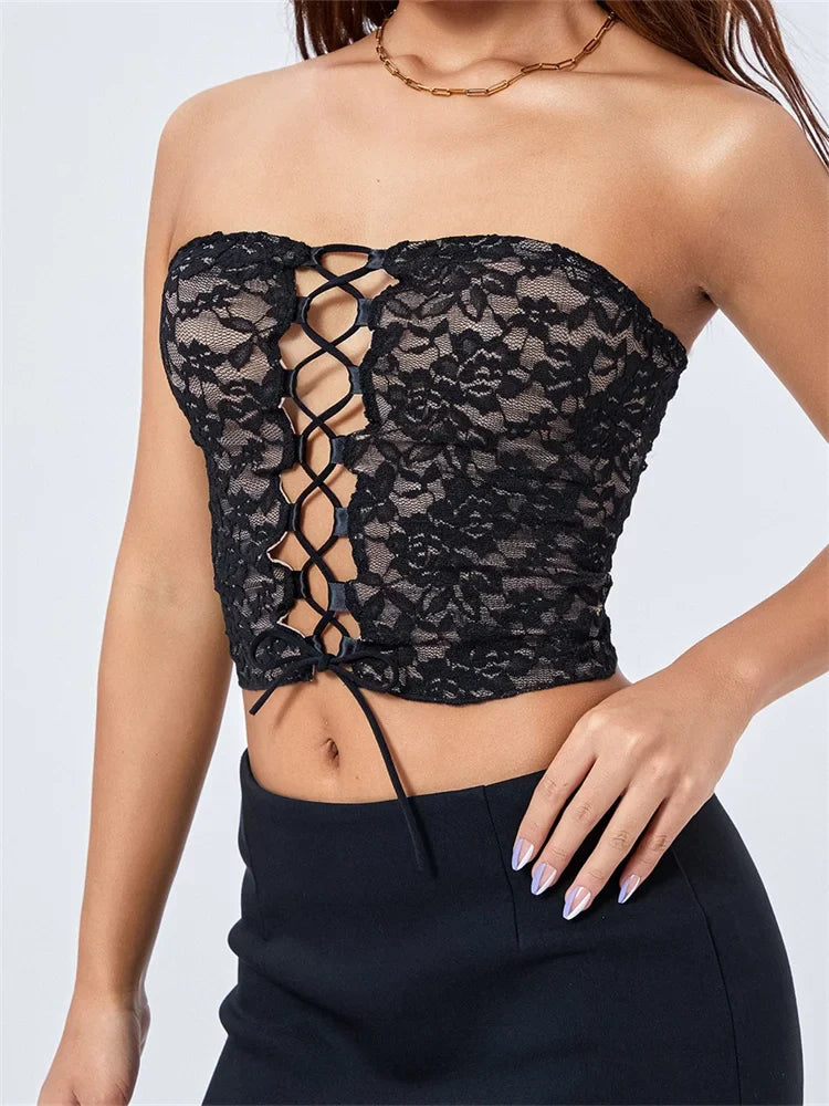 2024 Off Shoulder Tube Lace Floral Strapless Front Criss-Cross Tie-Up Tank Backless Hollow Out Mini Vest Crop Tops