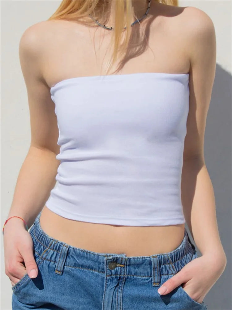 2024 Strapless Tube Off Shoulder Sleeveless Bustiers Y2K Backless Slim Fit Tank Vest Streetwear Crop Tops